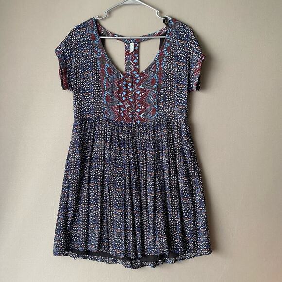 Free People sz S‎ blue tribal print mini boho shift dress - Picture 1 of 8